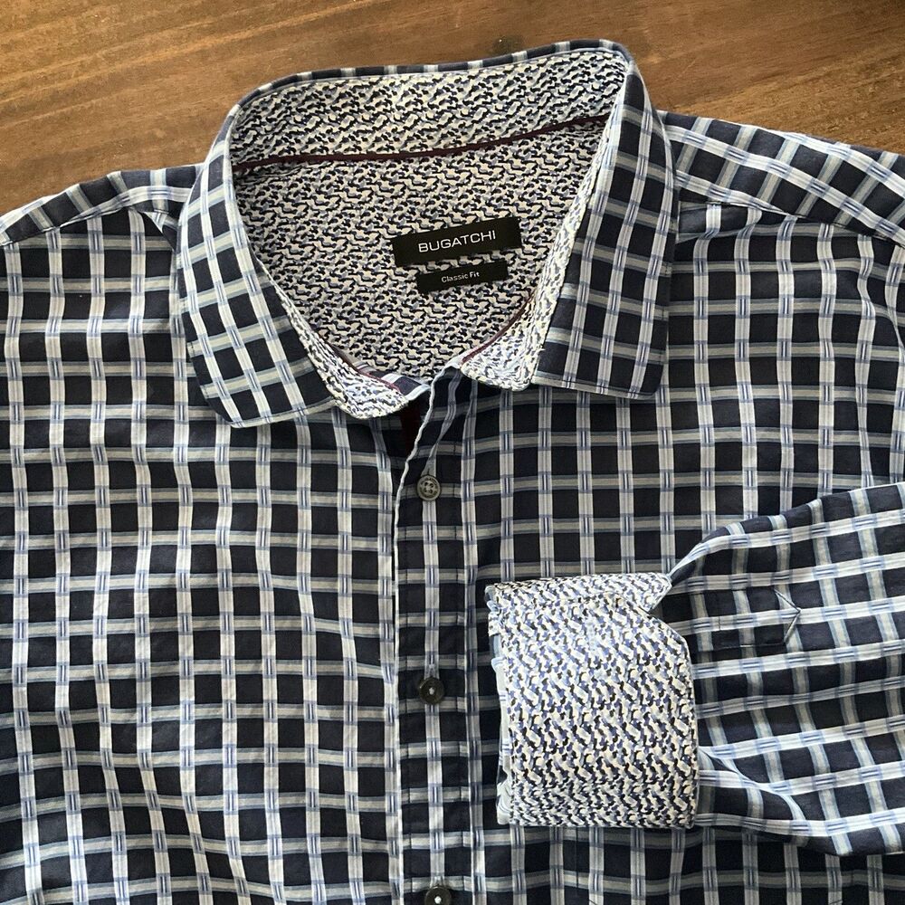 Bugatchi Shirt Mens 2XL XXL Blue Check Long Sleeve Button Up Classic Fit